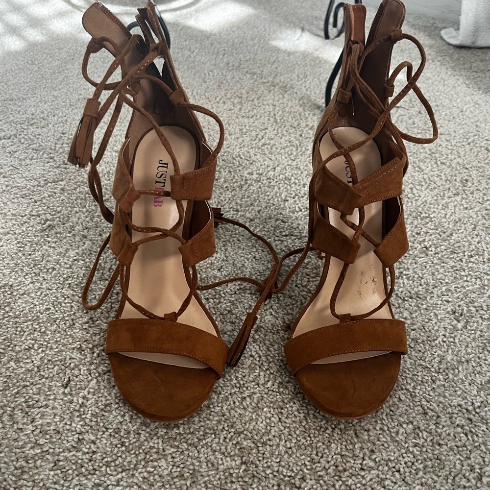 JustFab Brown Strappy Heels with Suede Finish